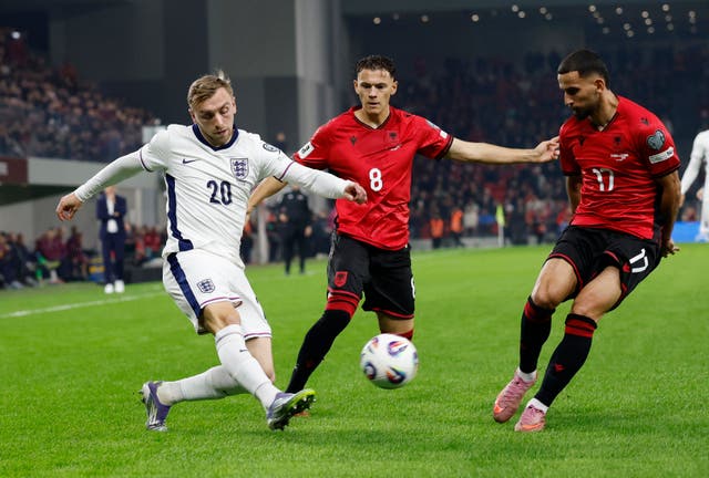 <p>England's Jarrod Bowen in action with Albania's Naser Aliji </p>