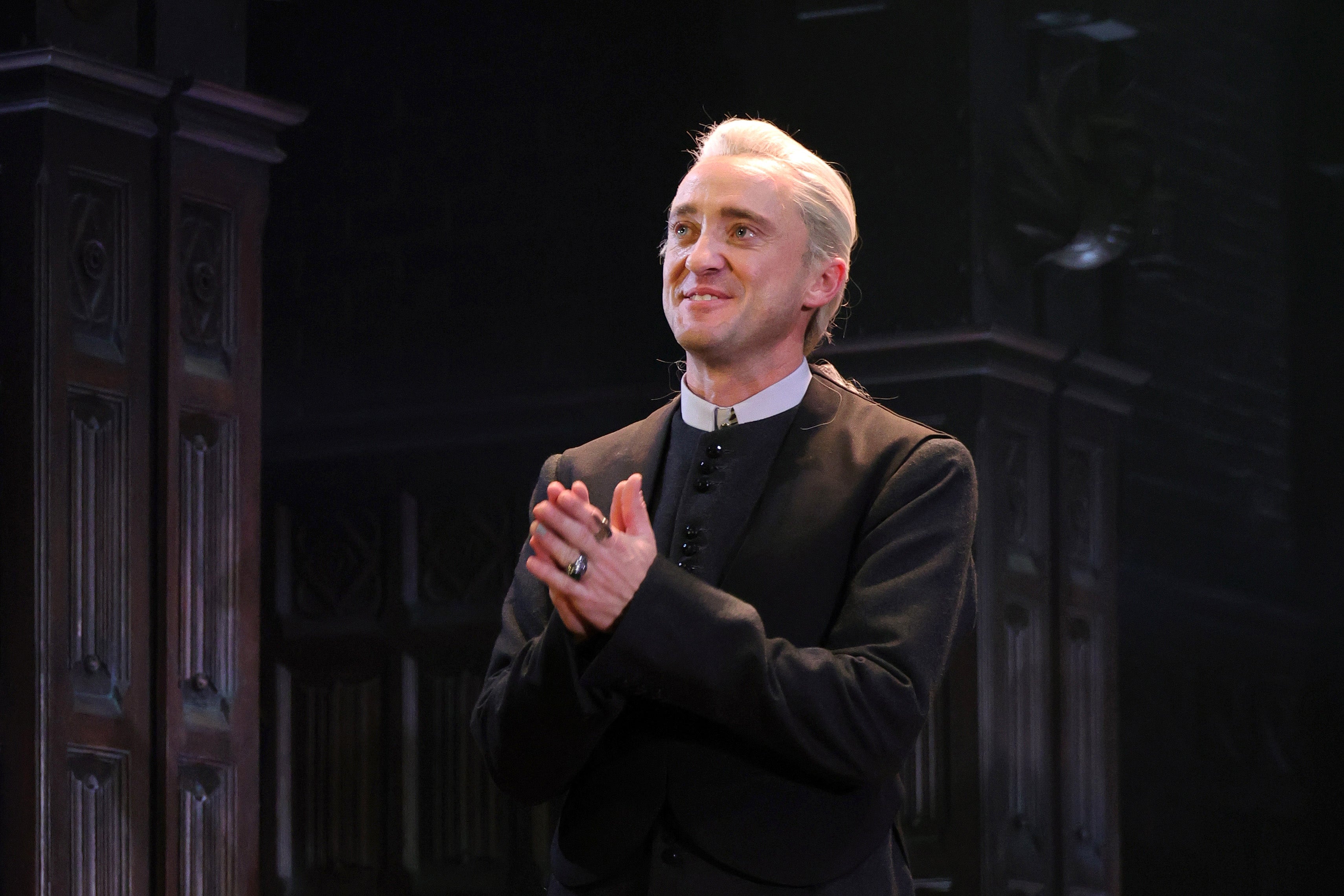 Tom Felton takes his curtain call during his Broadway debut as Draco Malfoy in 'Harry Potter and the Cursed Child'