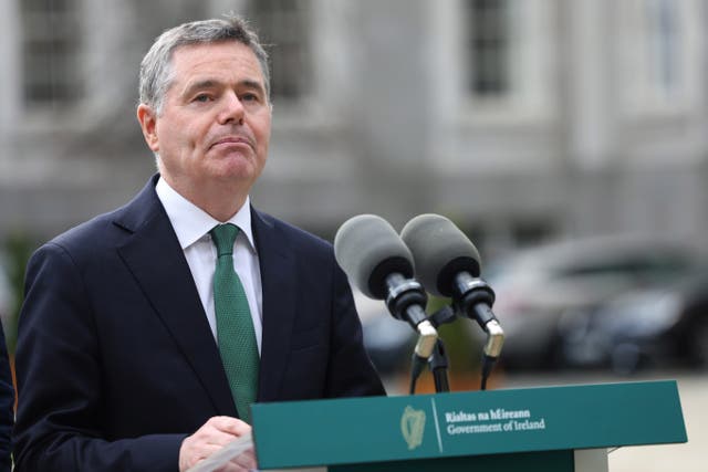 Paschal Donohoe speaking at a press conference at Government Buildings (Damien Eagers/PA)