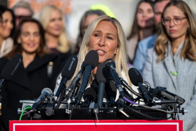 <p>Representative Marjorie Taylor Greene speaks during a press conference with Jeffrey Epstein survivors Tuesday hours before a vote over the Epstein files</p>