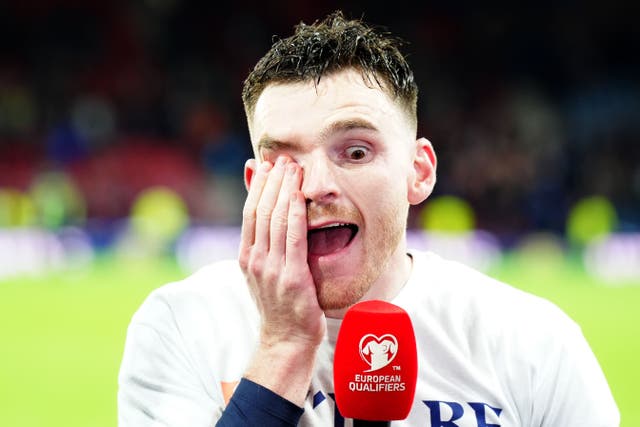 <p>Andy Robertson was overcome with emotion after Scotland’s win</p>