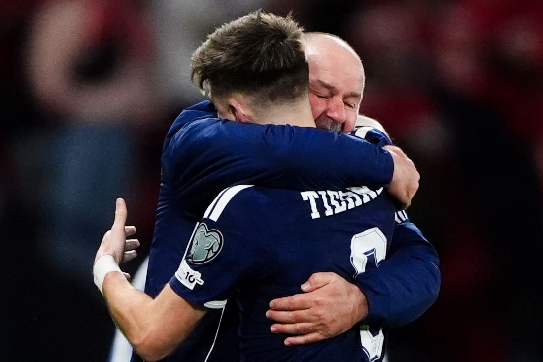 Steve Clarke embraces Kieran Tierney at full-time (Andrew Milligan/PA)