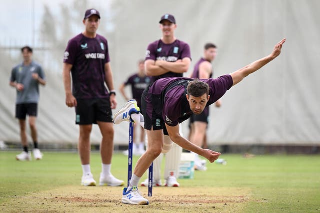 <p>Mark Wood during an England nets session in Perth on Tuesday </p>