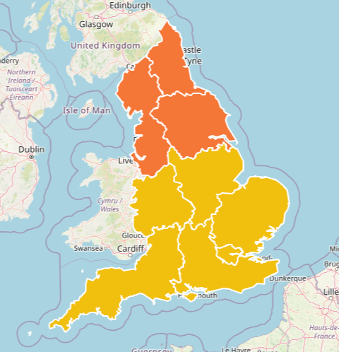 The amber warning is in place for the North East, North West and Yorkshire and the Humber, while a yellow alert is in place for the rest of England until 8am on Saturday