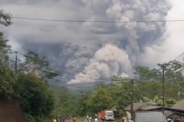 <p>Mount Semeru in Indonesia has erupted with an 54,000ft ash cloud spouting into the air</p>