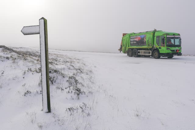 <p> A refuse lorry drives along snow covered roads on the North Yorkshire Moors National Park on November 19, 2025 in Castleton, United Kingdom</p>