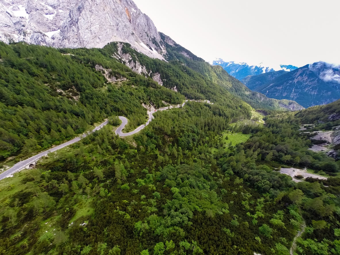 At 5,285ft above sea level, Vršič Pass is Slovenia’s highest road and features 50 hairpin bends, half of them cobbled