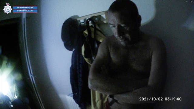 <p>Police body-cam footage from when David Carrick was first arrested on October 2 2021 (Herts Police/PA)</p>