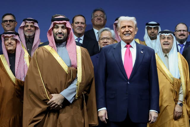<p>U.S. President Donald Trump, Crown Prince and Prime Minister Mohammed bin Salman of Saudi Arabia and Jensen Huang, CEO of Nvidia, pose for a picture during the U.S.-Saudi Investment Forum in Washington, D.C., U.S., November 19, 2025. REUTERS/Evelyn Hockstein</p>