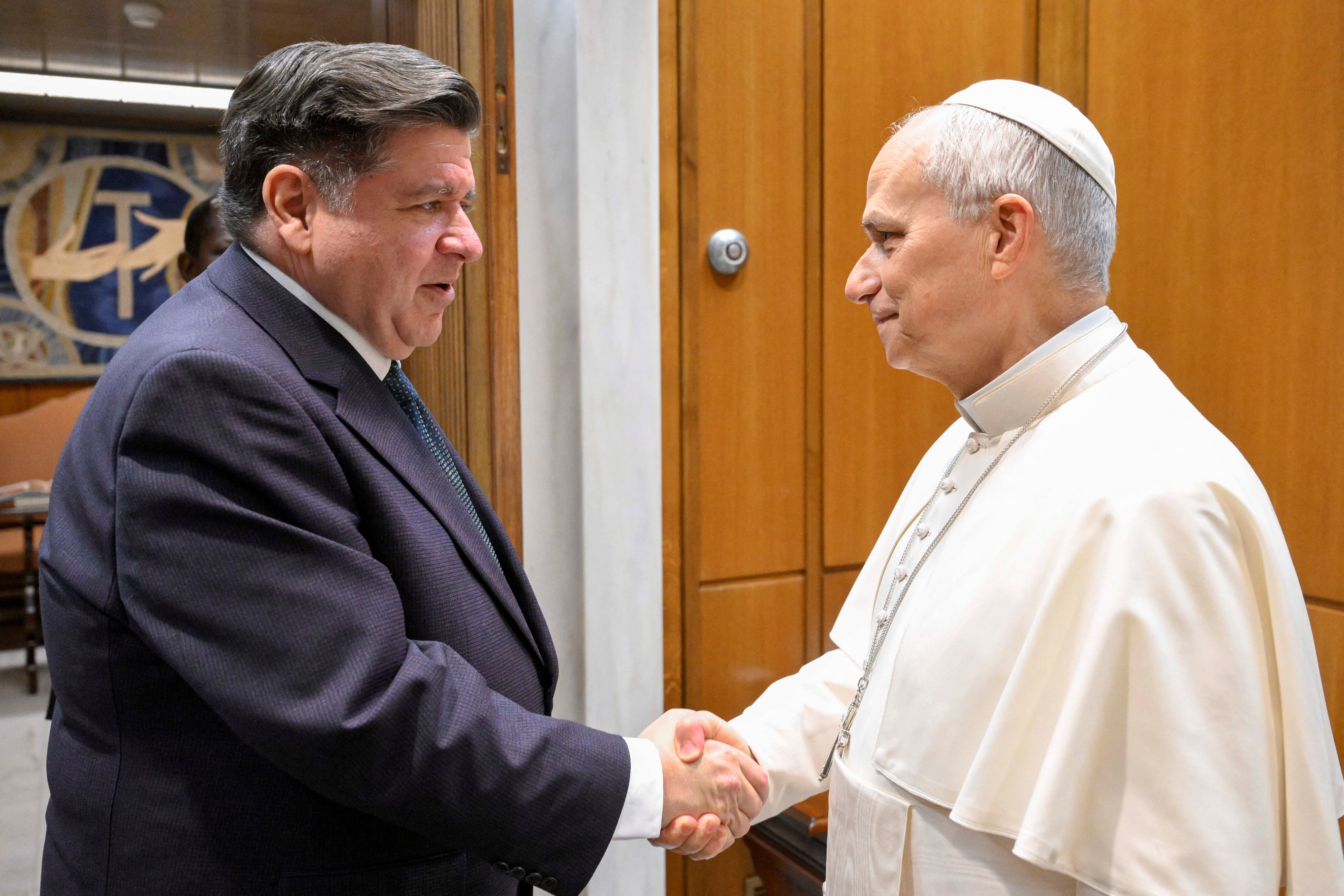 <p>Illinois Gov. JB Pritzker shakes hands with Pope Leo XIV at the Vatican</p>