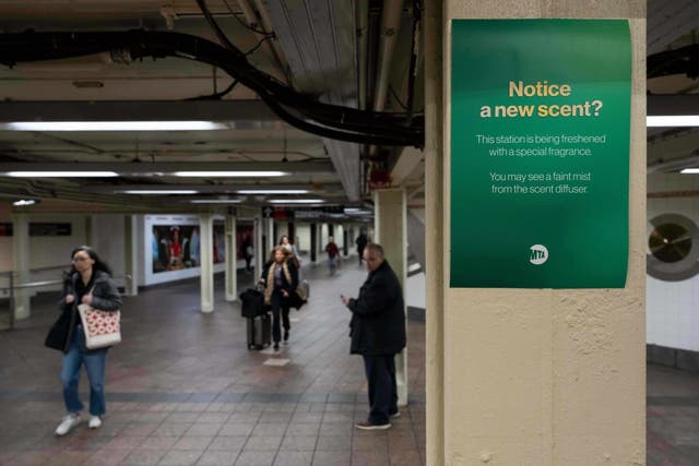 <p>A poster reading ‘Notice a new scent?’ Is displayed at Grand Central Terminal, Wednesday, Nov. 19, 2025, in New York. (AP Photo/Yuki Iwamura)</p>