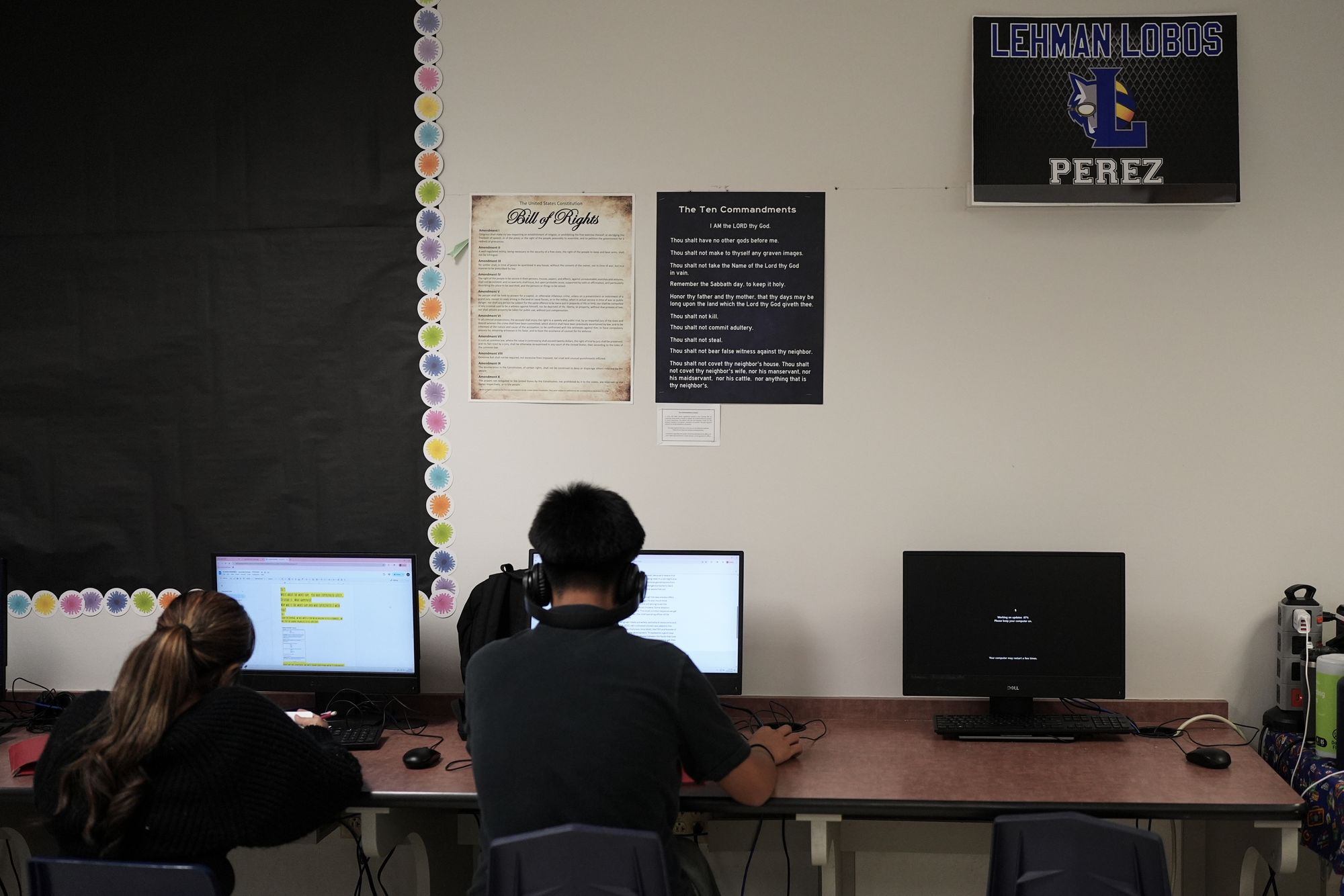 <p>Students work under Ten Commandments and Bill of Rights posters on display in a classroom at Lehman High School, in Kyle, Texas, Thursday, Oct. 16, 2025. (AP Photo/Eric Gay)</p>