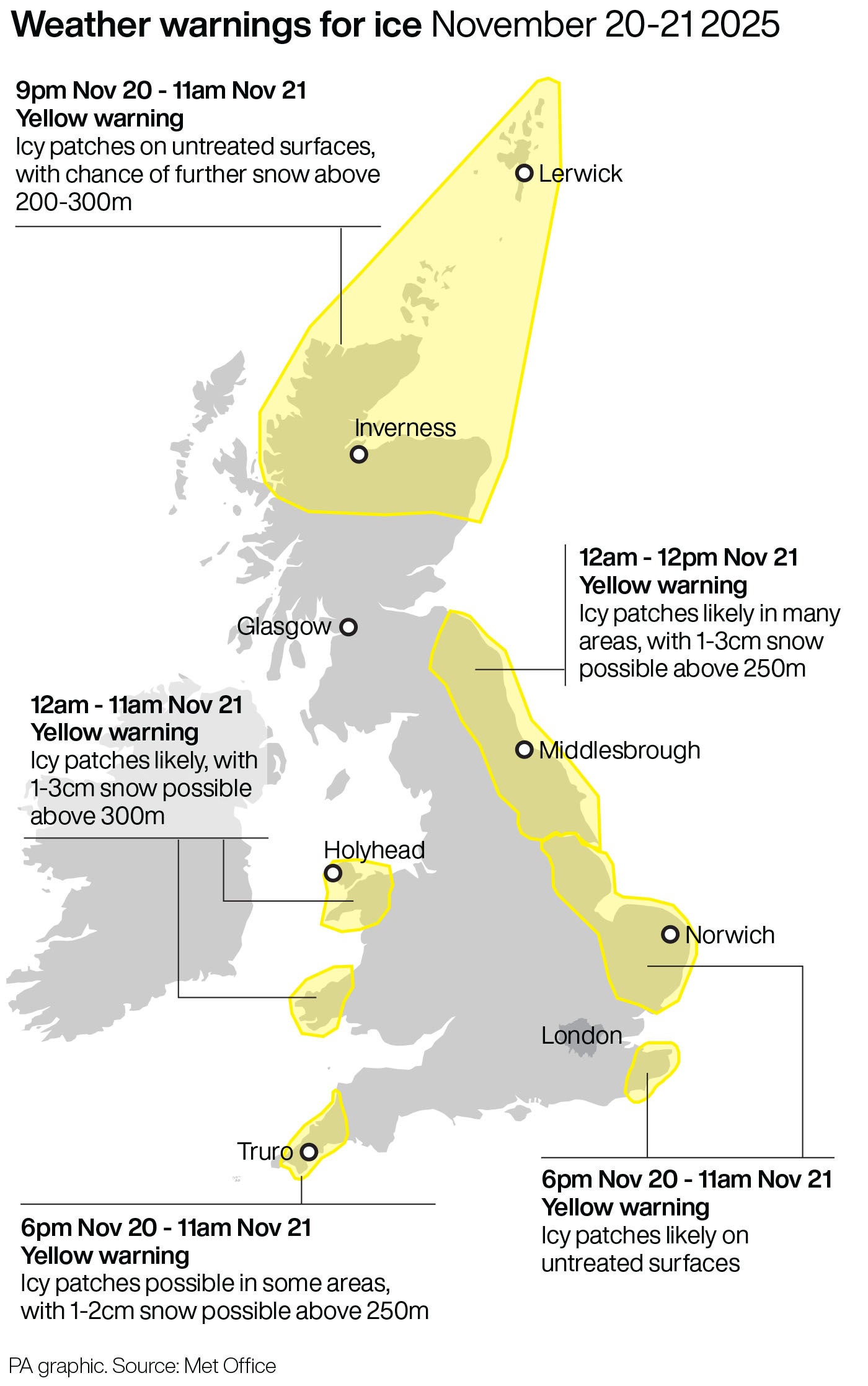 Weather warnings in place, 20-21 November