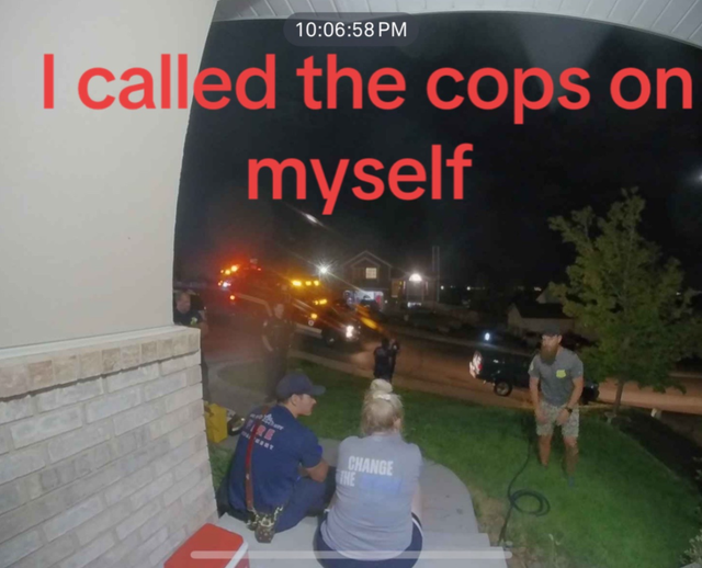 <p>Kylie Grimes, center, speaks with Utah first responders after she called 911 to receive emotional support. Grimes was caring for four children under the age of 12 — two with diabetes — and broke down after her youngest began choking on soil from a house plant</p>