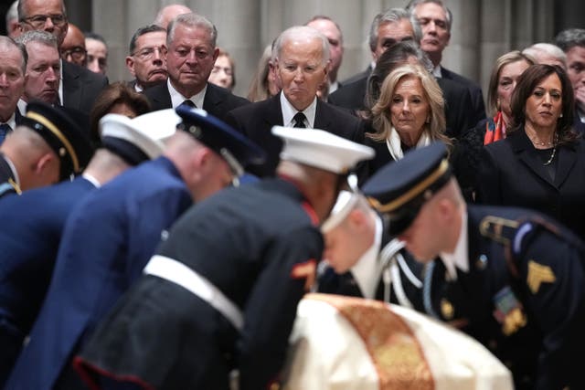 <p>Former U.S. Vice President Al Gore, former President Joe Biden, former first lady Jill Biden, and former Vice President Kamala Harris stand as U.S. military body bearers carry the casket containing the remains of former U.S. Vice President Dick Cheney during Cheney's funeral service at the National Cathedral on November 20, 2025 in Washington, DC</p>