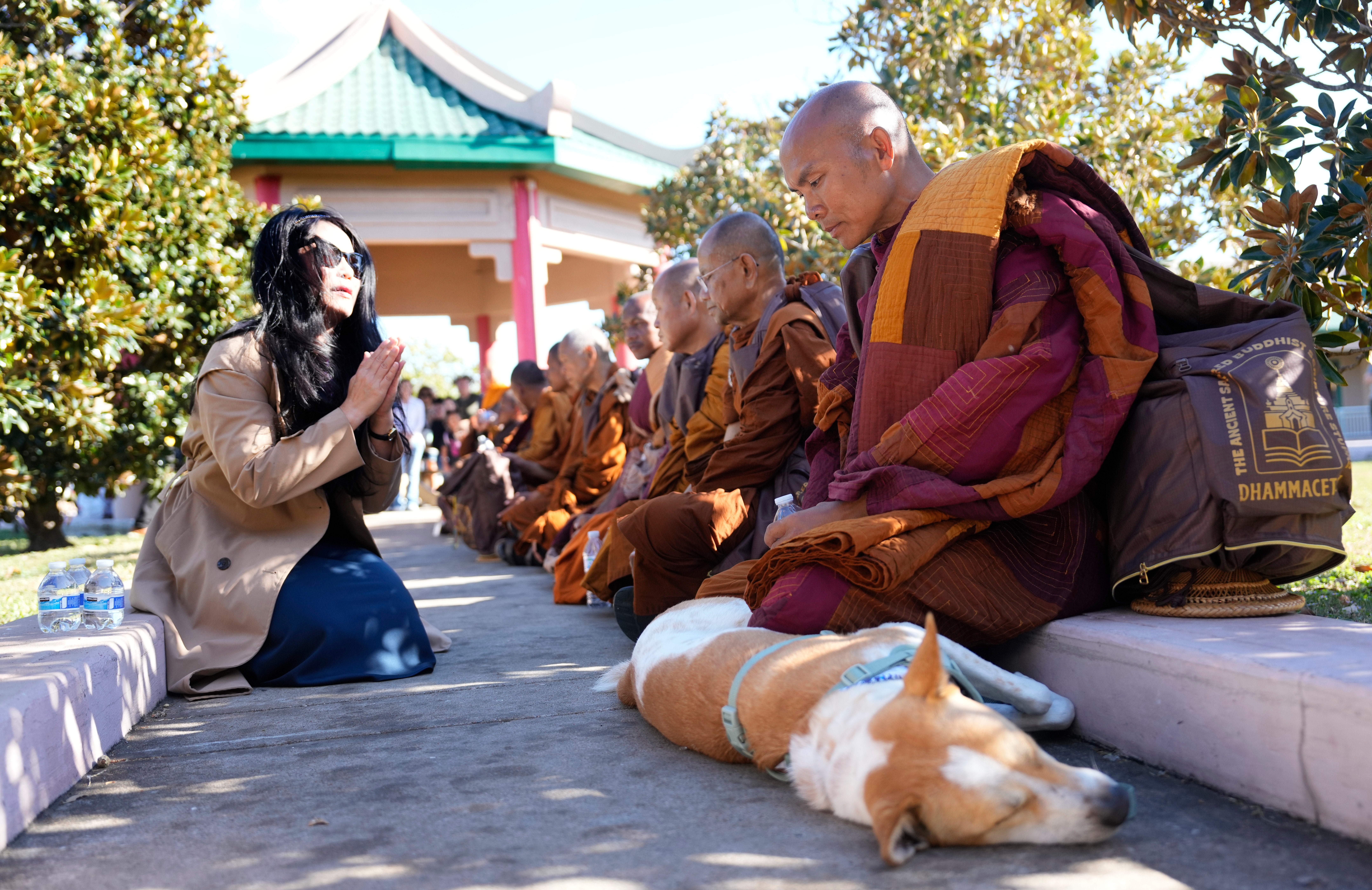 Buddhist monk Panna Kara with dog named Aloka, along with other monks from the Huong Dao Vipassana Bhavana Center in Fort Worth, who are undertaking a 2,300 mile pilgrimage of ‘Walk for Peace,’ rest after arriving to a welcome ceremony at Hong Kong City Mall in Houston, Friday, Nov. 14, 2025. (Melissa Phillip/Houston Chronicle via AP)