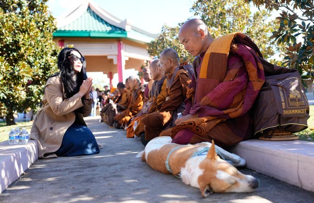 <p>Buddhist monk Panna Kara with dog named Aloka, along with other monks from the Huong Dao Vipassana Bhavana Center in Fort Worth, who are undertaking a 2,300 mile pilgrimage of ‘Walk for Peace,’ rest after arriving to a welcome ceremony at Hong Kong City Mall in Houston, Friday, Nov. 14, 2025. (Melissa Phillip/Houston Chronicle via AP)</p>