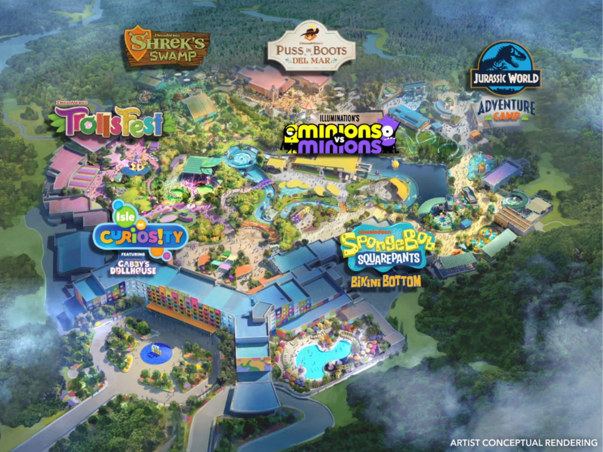 An artist rendering of the upcoming Universal Kids Resort in Frisco, Texas. The child-focused theme park includes seven lands, which are themed to intellectual properties from DreamWorks, Illumination, and Nickelodeon. The park is expected to open in 2026