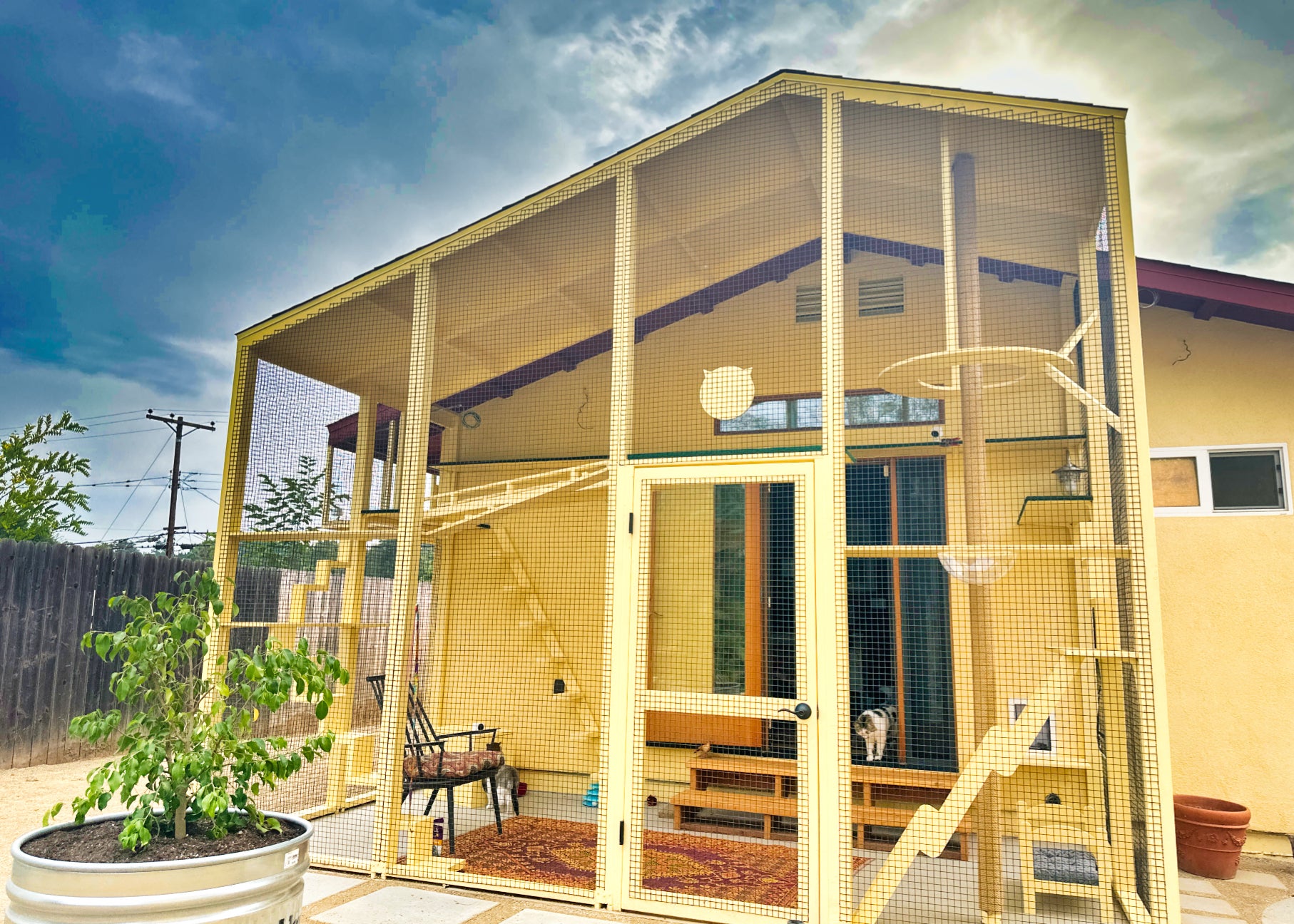 A white outdoor cat enclosure in Los Angeles with stairs, furniture, and a scratching post for the family cat