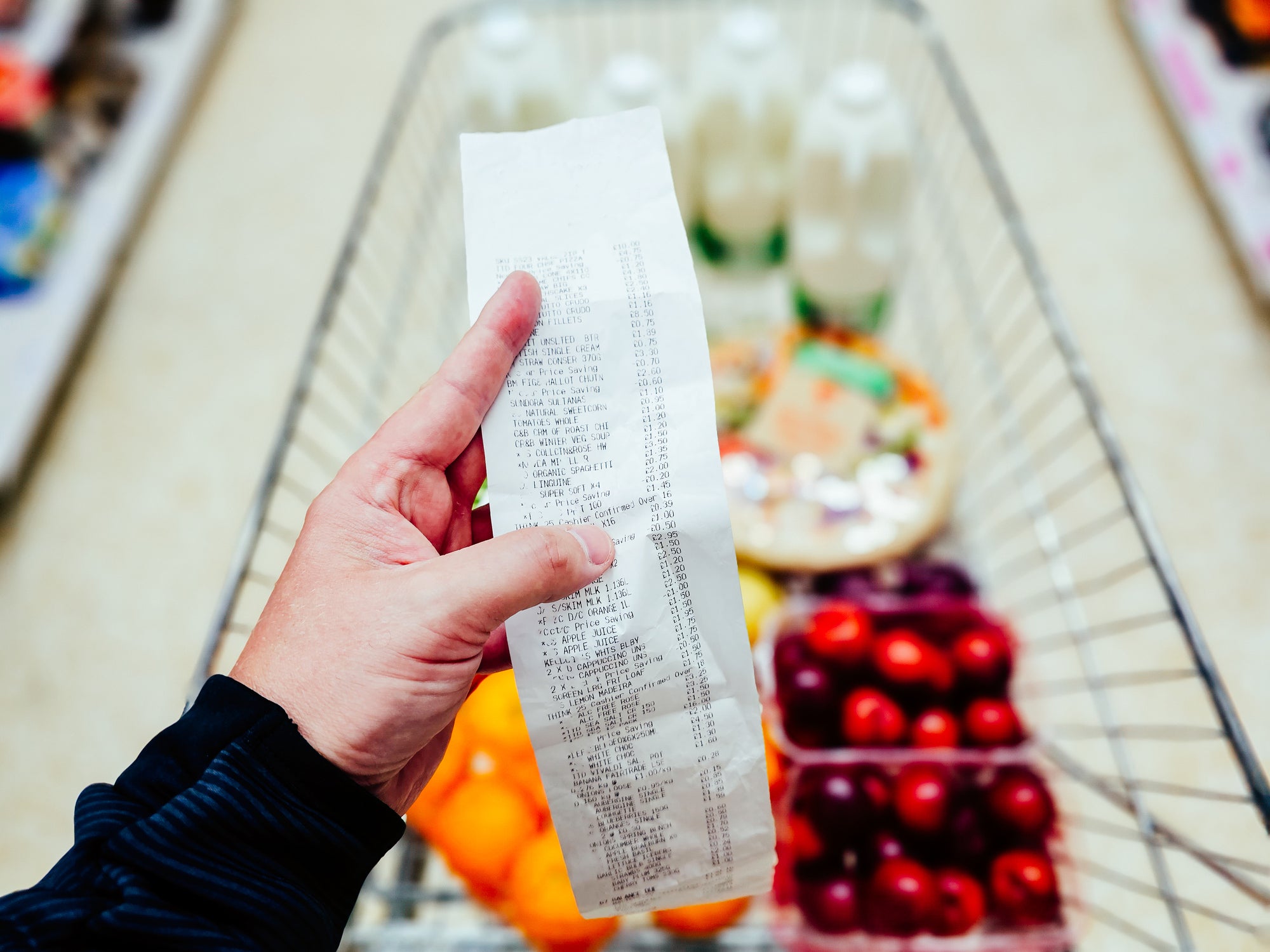 A receipt with a shocking bottom line and a trolley that looks no fuller for it: the clearest sign that food inflation hasn’t followed the headline numbers down
