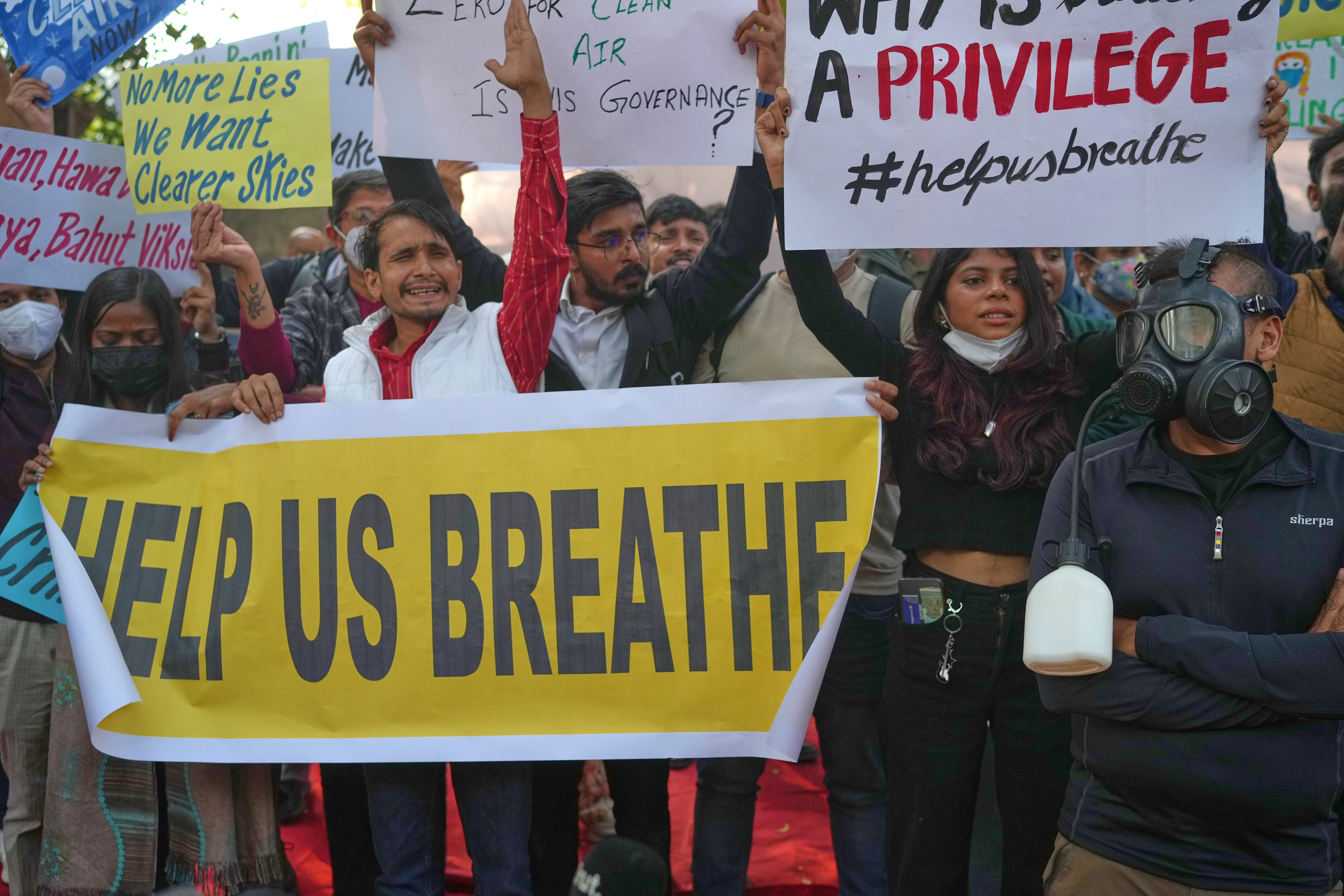 <p>People participate in a protest against a lack of action to control air pollution in Delhi, India, on 18 November 2025</p>