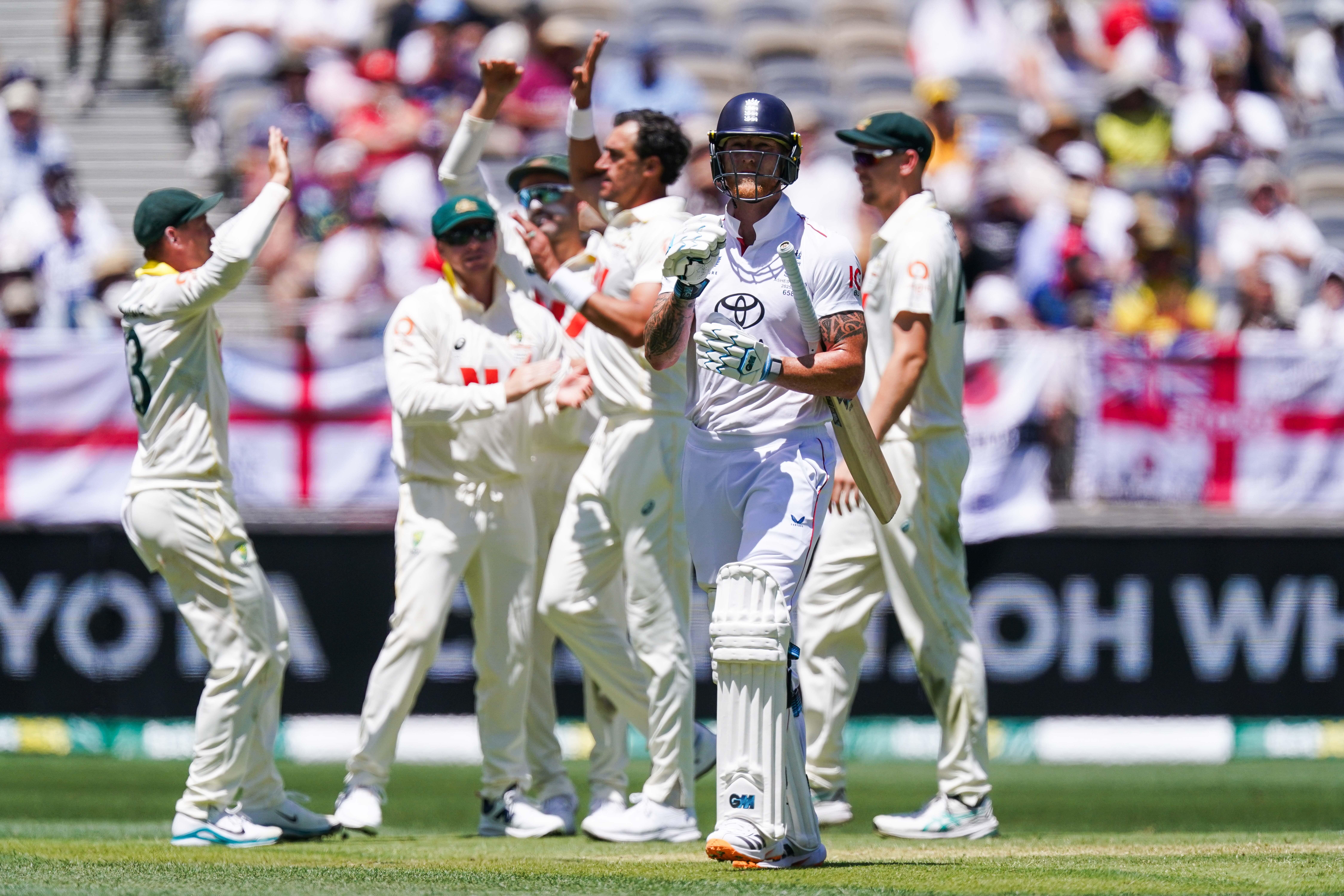 Ben Stokes walks off the field after being dismissed by Australia’s Mitchell Starc (Robbie Stephenson/PA)