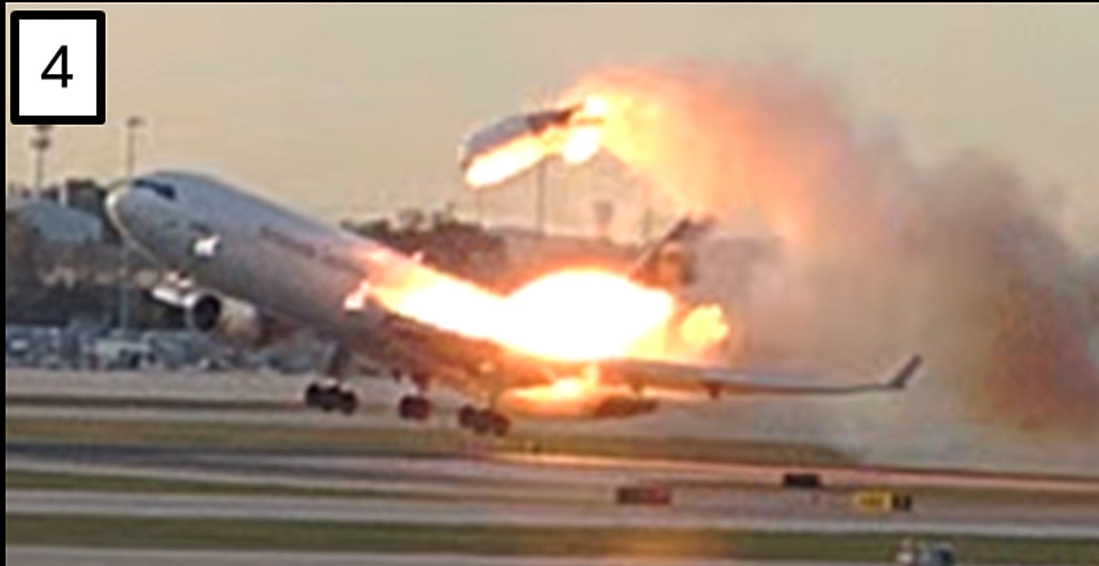 The final images show the plane ablaze as it gets airborne, leaving behind trails of smoke