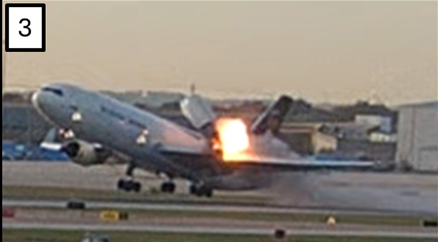 The engine pops off the plane as fire erupts in the next image, followed by the blazing engine catapulting off the stricken plane