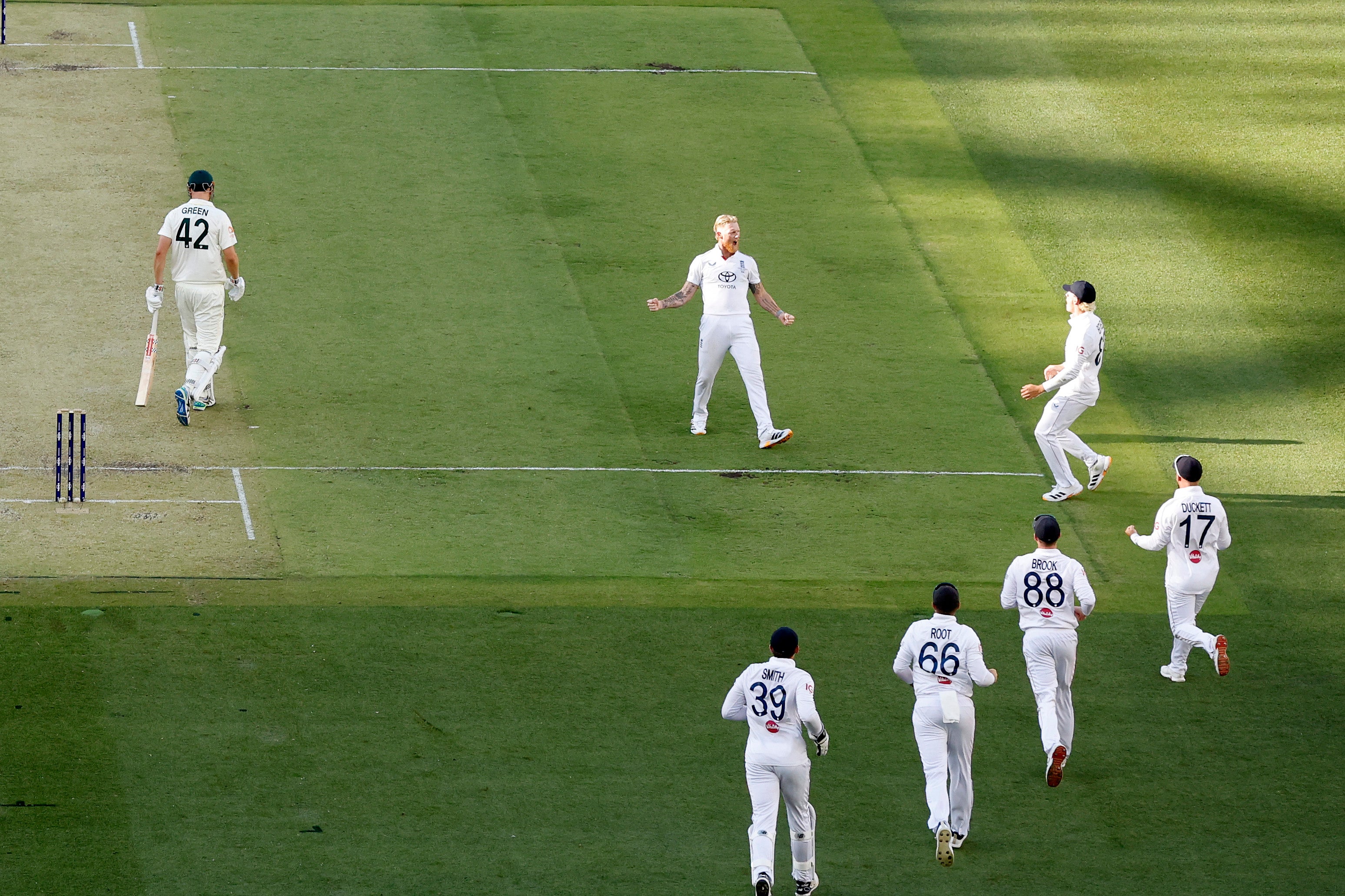 Ben Stokes of England celebrates the wicket of Cameron Green of Australia