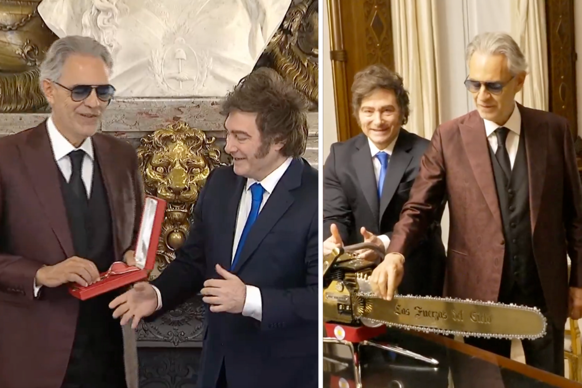 Awkward moment Argentina’s president holds his hand out for blind tenor Andrea Bocelli to shake