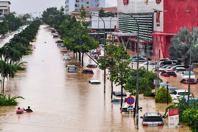 <p>People wade through floodwaters near inundated vehicles in Nha Trang, Vietnam</p>