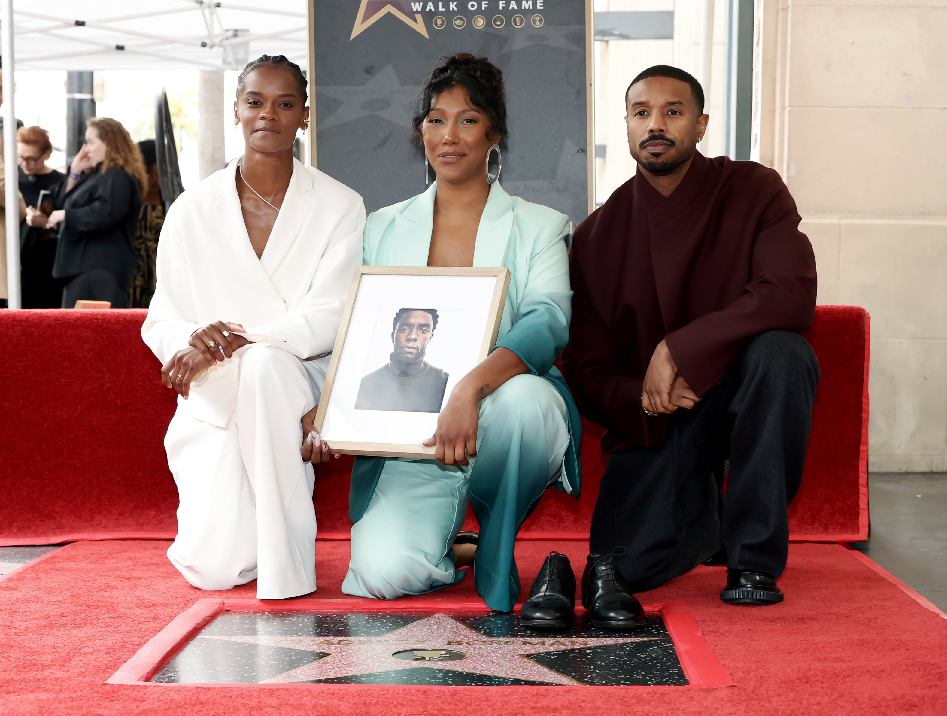Also present at the ceremony were Boseman’s Black Panther co-stars Michael B Jordan and Letitia Wright