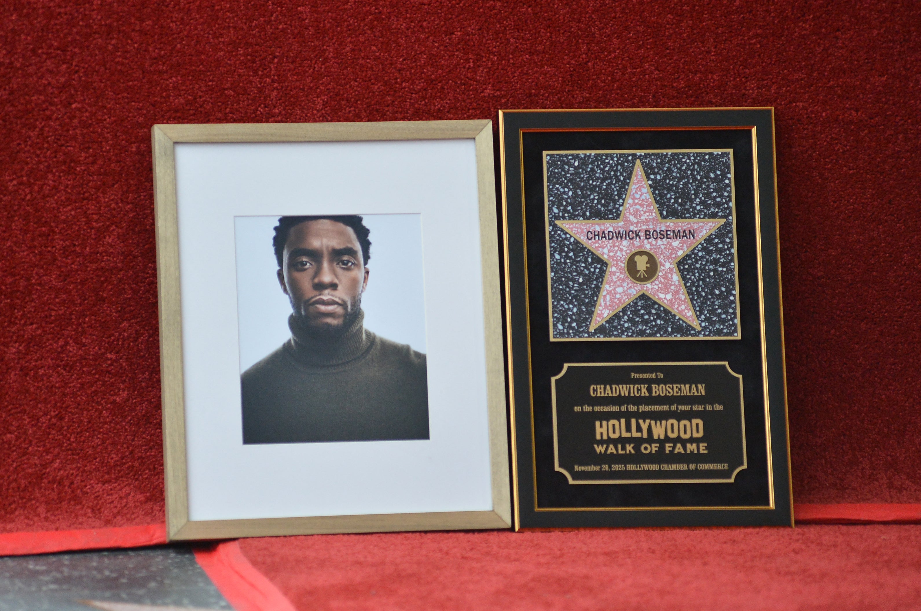 Portrait of Chadwick Boseman is displayed during a Hollywood Walk of Fame Star ceremony in Los Angeles