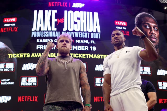 <p>Jake Paul (left) and Anthony Joshua at a launch press conference for their fight</p>