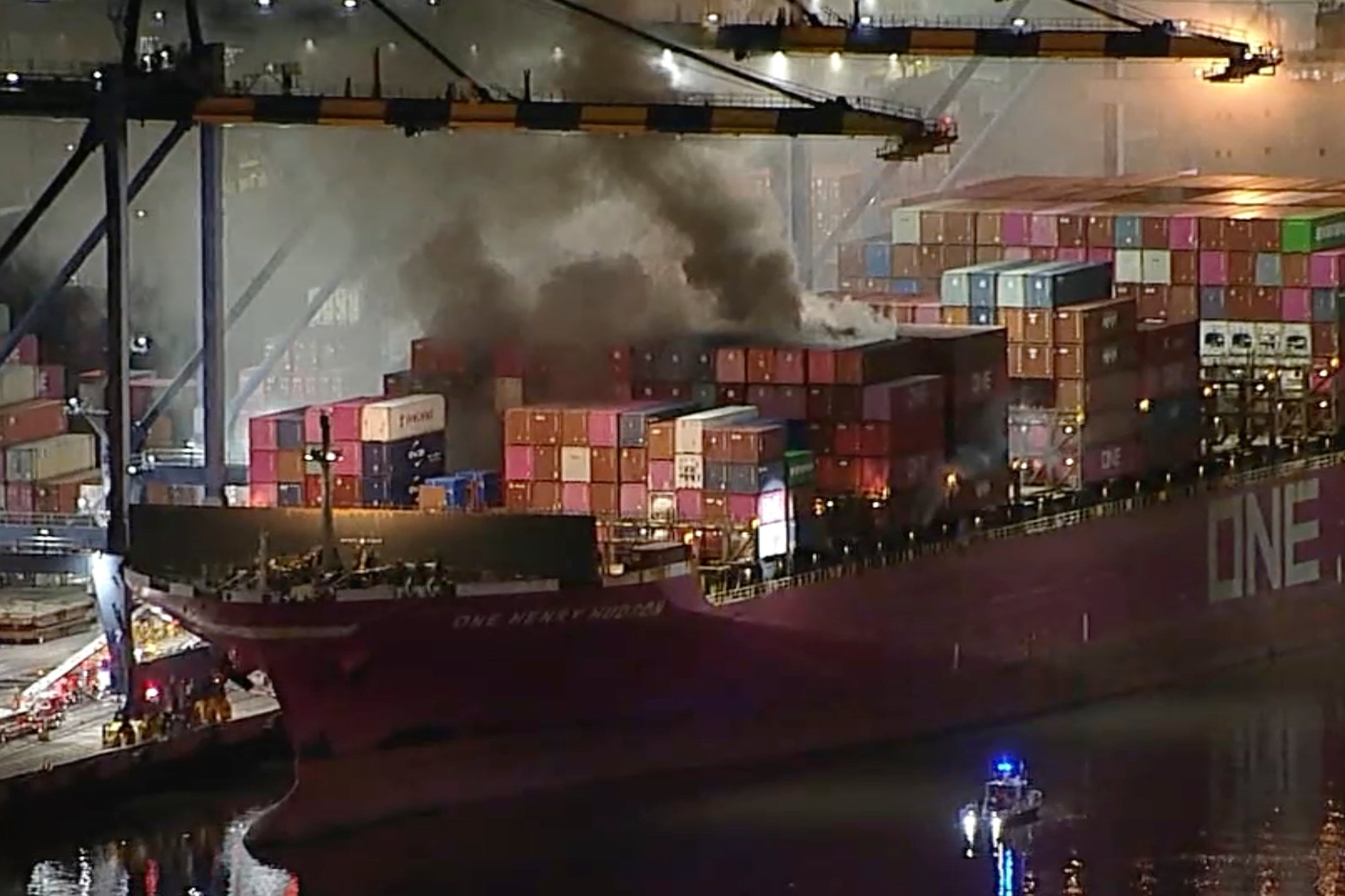 Firefighters battle a blaze that broke out on the One Henry Hudson cargo ship on Friday night. The fire has been ‘substantially contained,’ according to the Port of Los Angeles, and a shelter-in-place order issued around midnight on November 21 has been lifted