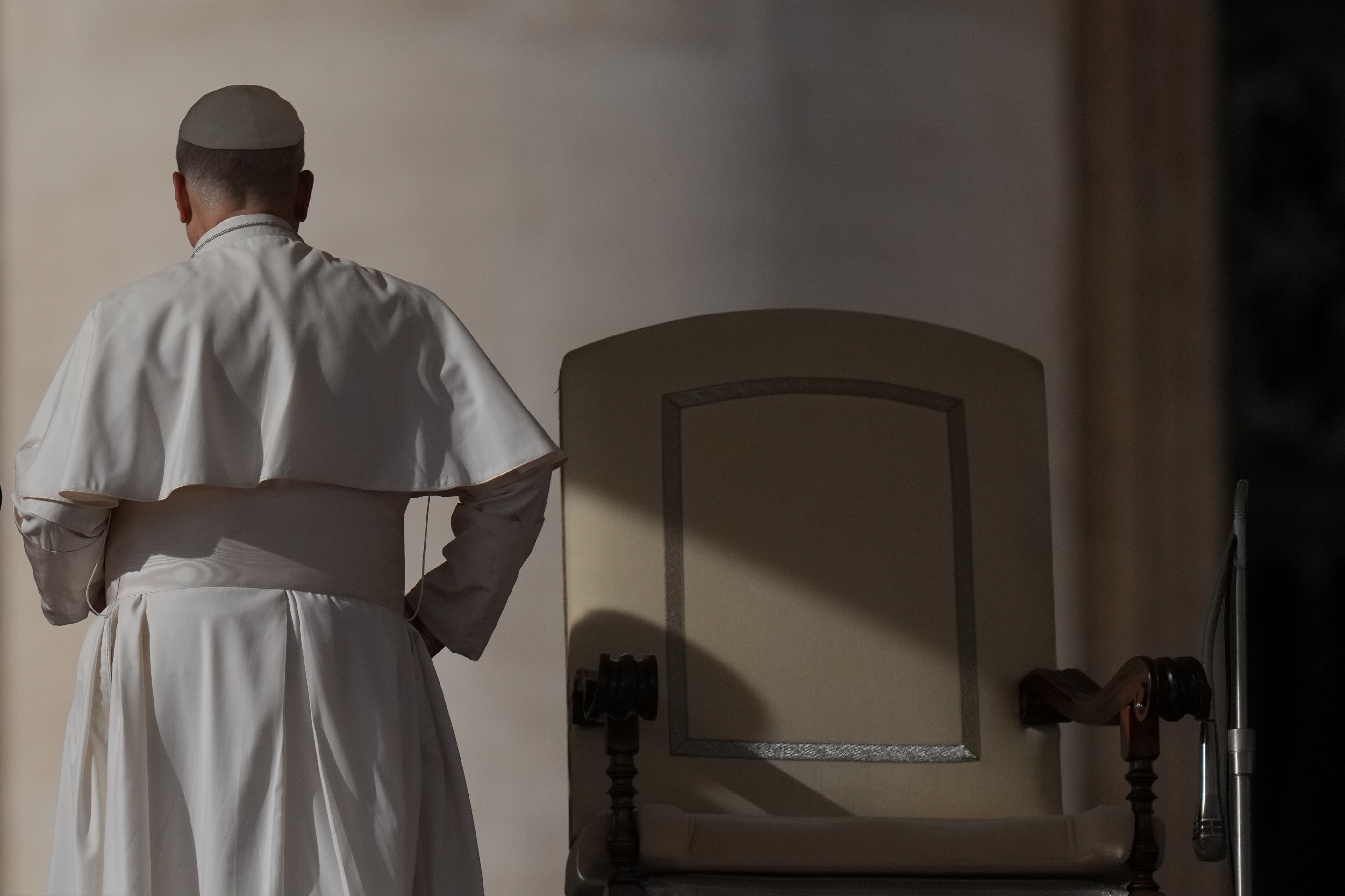 Pope Leo XIV leaves at the end of an audience on the occasion of the Jubilee of the Choirs in St. Peter's Square, at the Vatican, Saturday, Nov. 22, 2025. (AP Photo/Alessandra Tarantino)