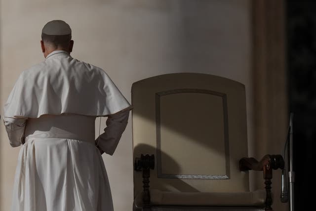 <p>Pope Leo XIV leaves at the end of an audience on the occasion of the Jubilee of the Choirs in St. Peter's Square, at the Vatican, Saturday, Nov. 22, 2025. (AP Photo/Alessandra Tarantino)</p>