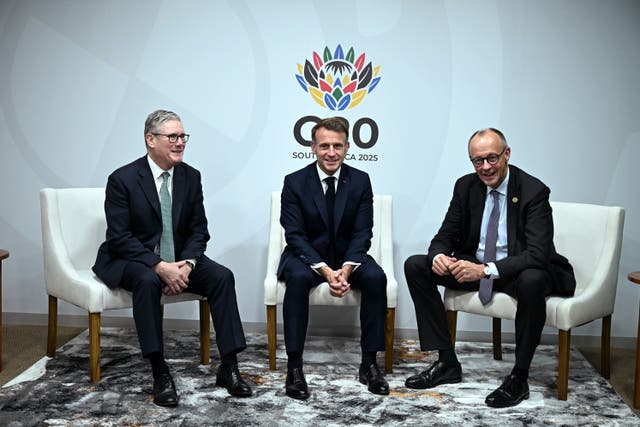 (left to right) Prime Minister Sir Keir Starmer, France’s President Emmanuel Macron and German Chancellor Friedrich Merz (Leon Neal/PA)