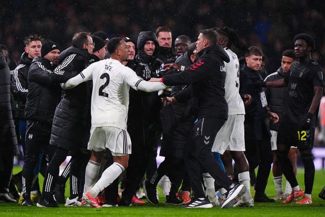 Tempers flared between the players and staff at full-time after Fulham’s late victory (Bradley Collyer/PA)
