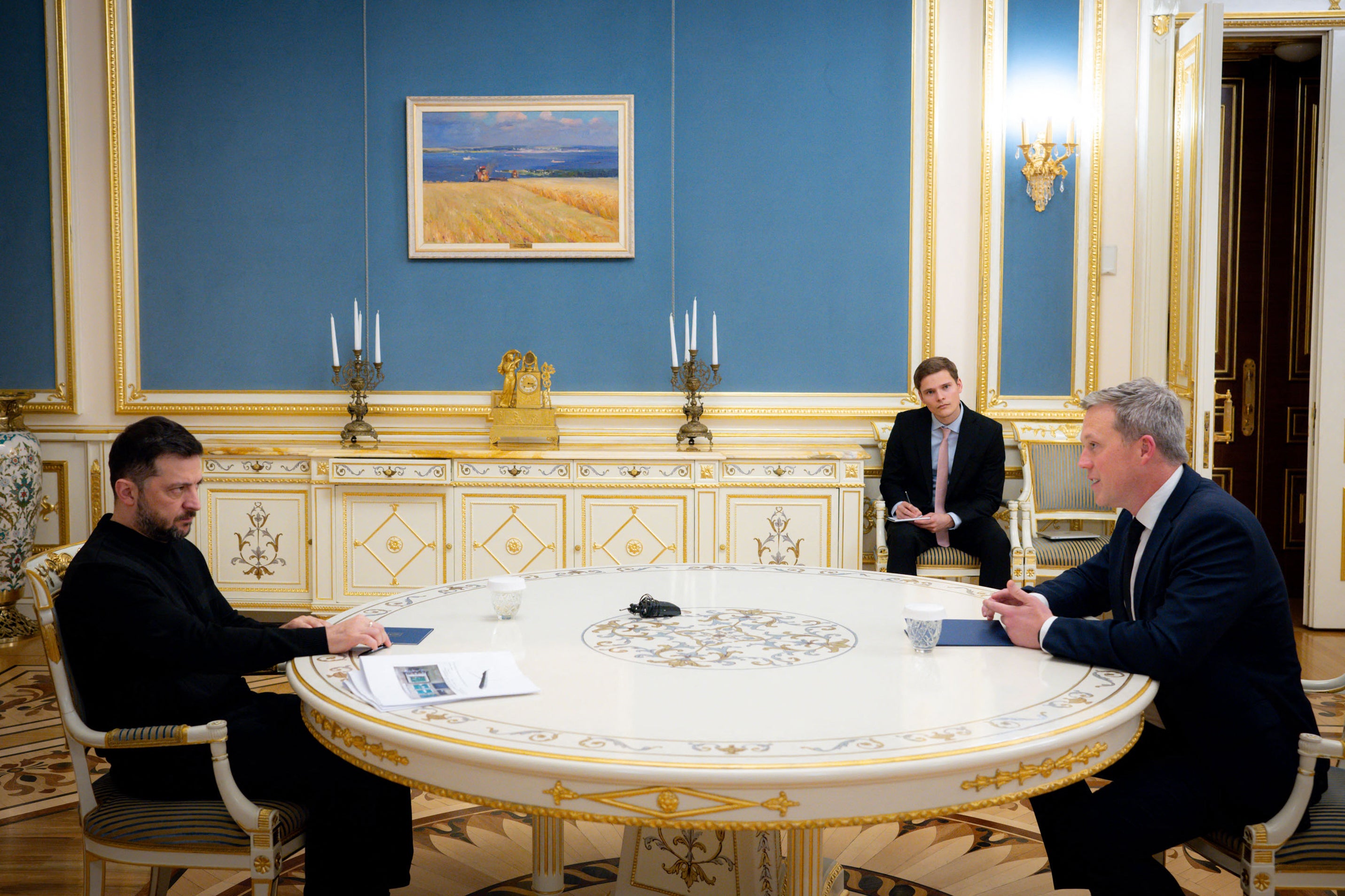 Ukraine's president Volodymyr Zelensky looks on during a meeting with US Secretary of the Army Daniel Driscoll in Kyiv, amid the Russian invasion of Ukraine