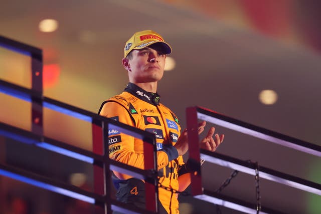 <p>Lando Norris reacts after initially finishing second at the Las Vegas Grand Prix before being disqualified</p>