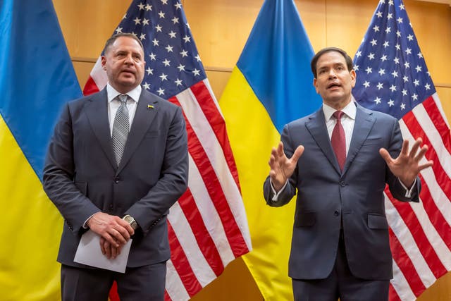 <p>Ukrainian head of presidential administration Andriy Yermak, left, and US Secretary of state Marco Rubio (right)</p>