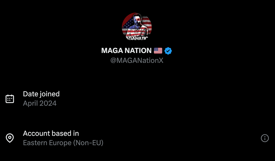The "About This User" page for the MAGANationX account on the X social media site showing that it is based in Eastern Europe