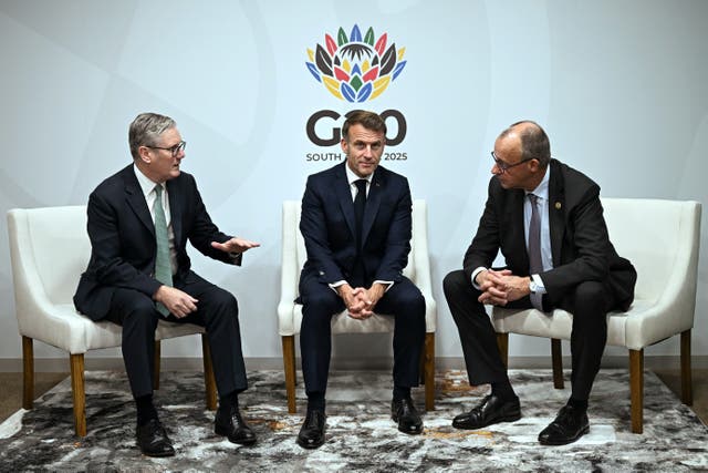 <p>Sir Keir Starmer, Emmanuel Macron and German Chancellor Friedrich Merz during the G20 summit in South Africa on November 22</p>