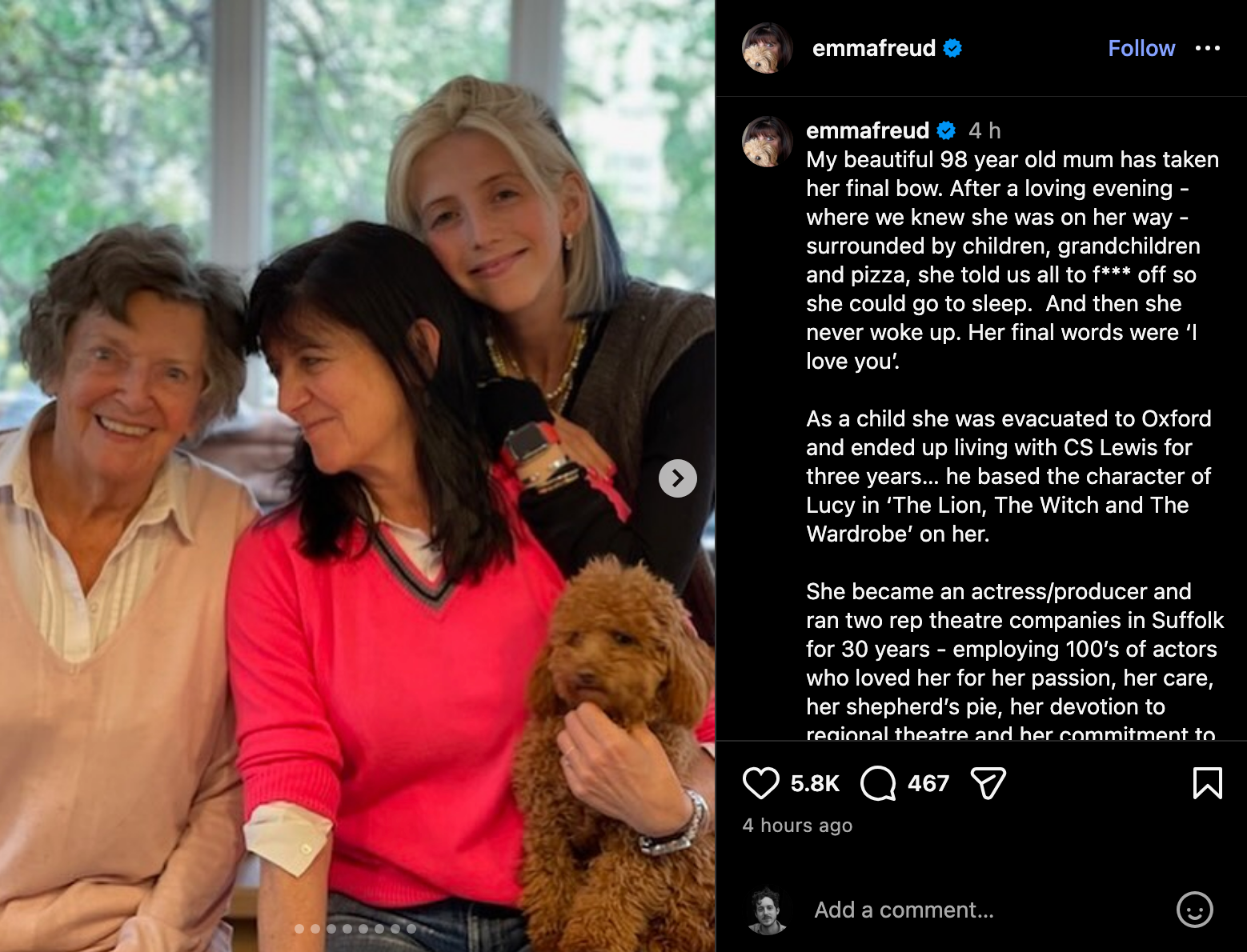 Jill Freud's daughter Emma pays tribute to her mother