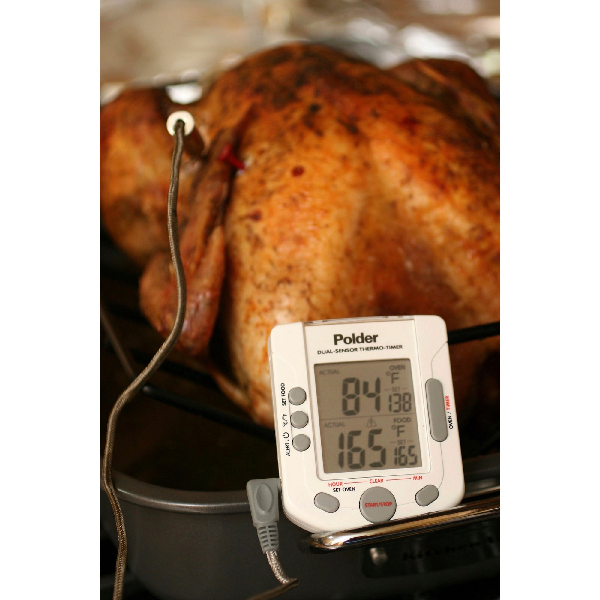 FILE - A turkey is roasted with the help of a thermometer