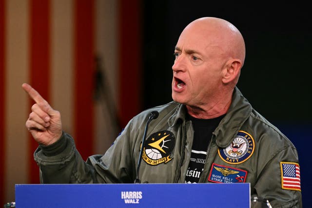 <p>US Sen. Mark Kelly (D-AZ) speaks during the Harris-Walz Campaign Election Eve rally and concert at the Celebrity Theater in Phoenix, Arizona, on November 4, 2024. (Photo by Patrick T. Fallon / AFP) (Photo by PATRICK T. FALLON/AFP via Getty Images)</p>