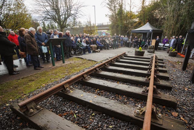 A remembrance service at the Omagh Rail Tragedy Memorial in Omagh to mark the 75th anniversary of the tragedy (Liam McBurney/PA)