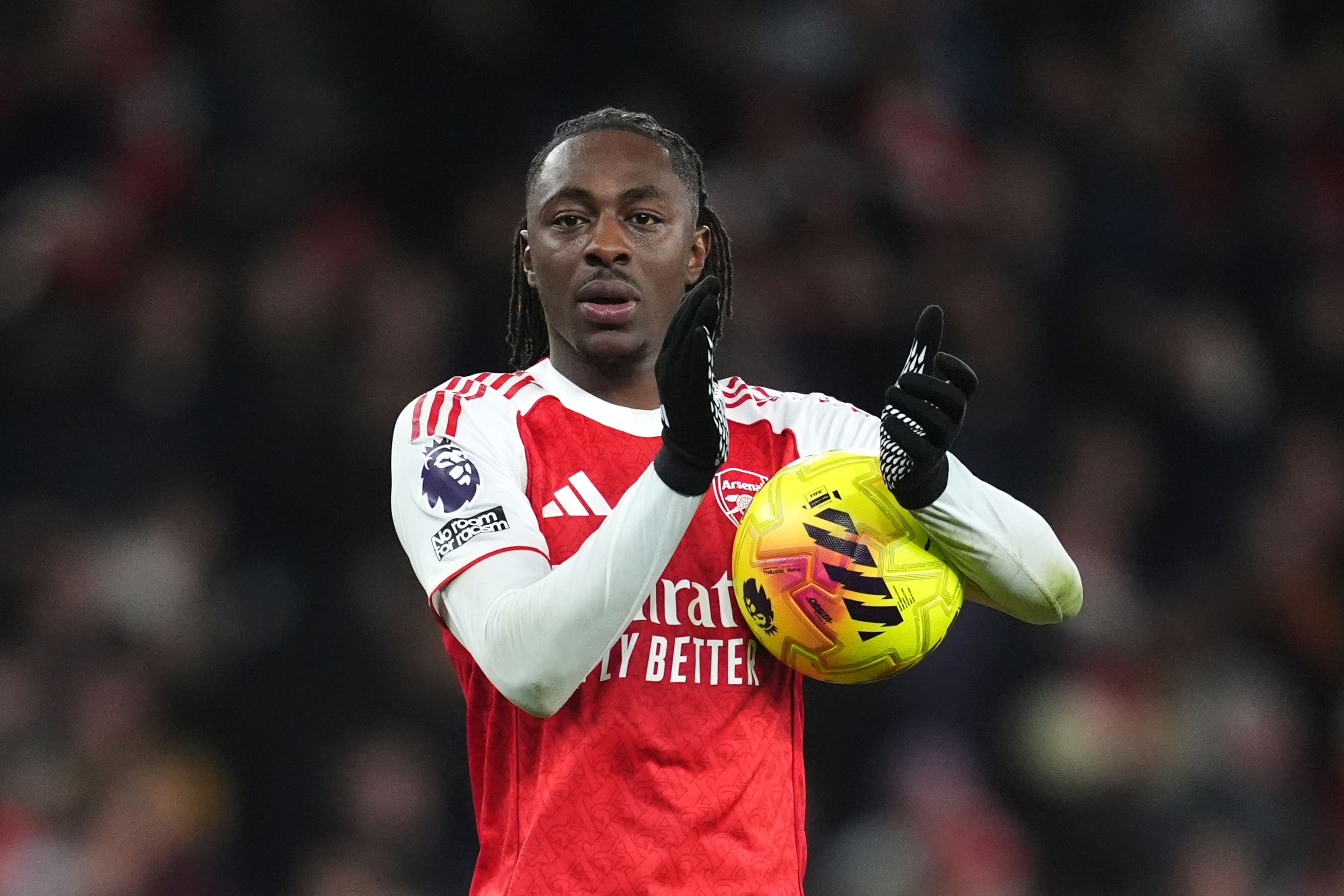 Eberechi Eze celebrates with his hat-trick ball (Adam Davy/PA)