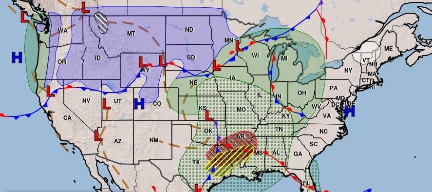 A National Weather Service map shows weather over the US on Monday. A storm system is expected to shift from eastern Texas into the lower Mississippi Valley on Monday as the northern states are impacted by snow